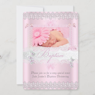 Convites Batismo Lindo Rosa com Renda Foto Borboleta Menina