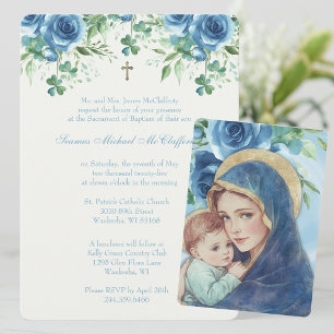 Convites Batismo Mary Jesus Blue Floral Shamrocks
