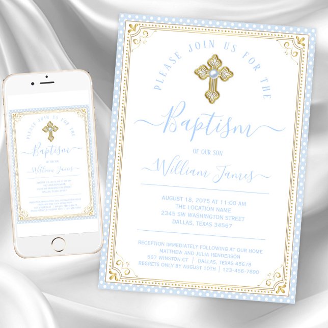 Convites Batismo Menino Azul Bebê Dourado (Baby blue gold baptism invitations. Instant download and printed invitations available.)