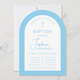 Convites Batismo Menino Bebé Arco Azul Branco Script Religi