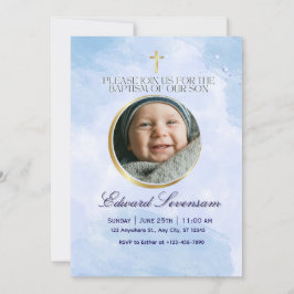 Convites Batismo Menino Bebê Nuvem Azul Editável