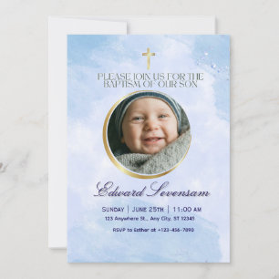 Convites Batismo Menino Bebê Nuvem Azul Editável 