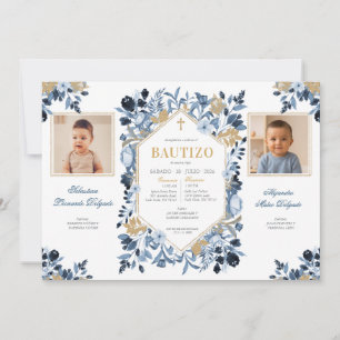 Convites Batismo Meninos Gêmeos Fotos Flores Azul e Dourado
