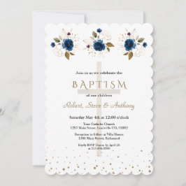 Convites Batismo Meninos Três Trigêmeos Floral Azul Marinho
