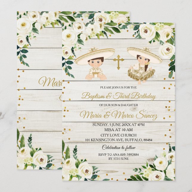 Convites Batismo mexicano gêmeo russo e terceiro aniversári (Frente/Verso)