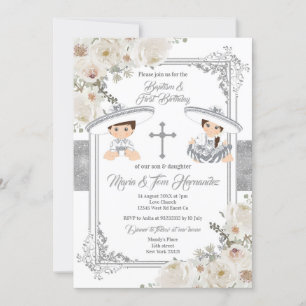 Convites Batismo mexicano prateado e fiesta Twin de anivers