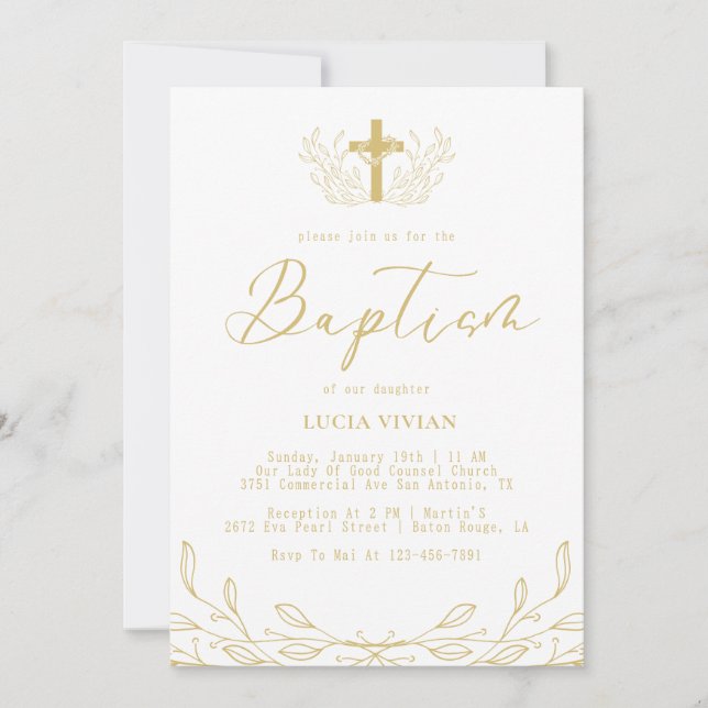 Convites Batismo Minimalista através de Ouro Floral (Frente)