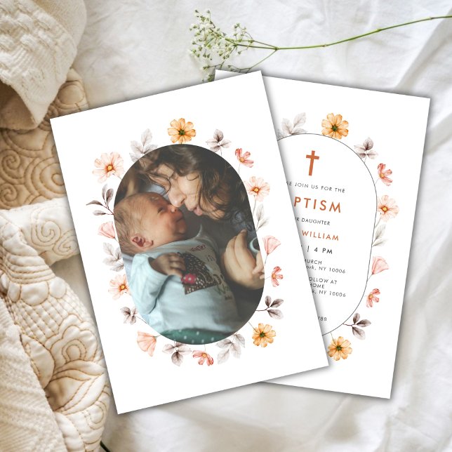 Convites Batismo Mínimo de Foto de Boho Wildflower (Minimal Boho Wildflower Photo Frame Cross Baptism Invitation)