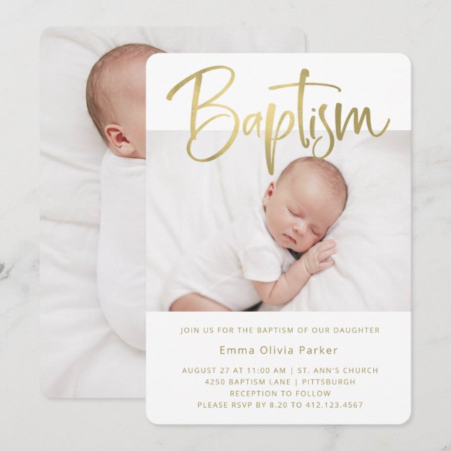 Convites Batismo| Mínimo simples Dourado com duas fotos (Frente/Verso)