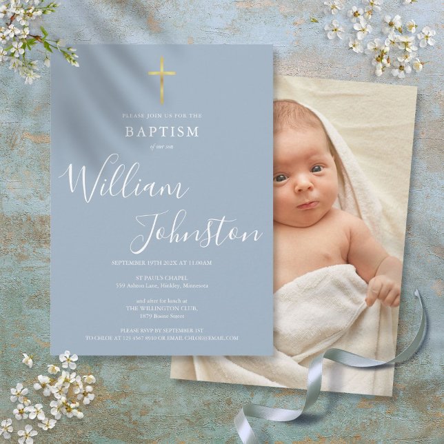 Convites Batismo Moderno Batizado Pó Azul Desbotado Foto (Modern Baptism Christening Dusty Blue Photo Invitation)