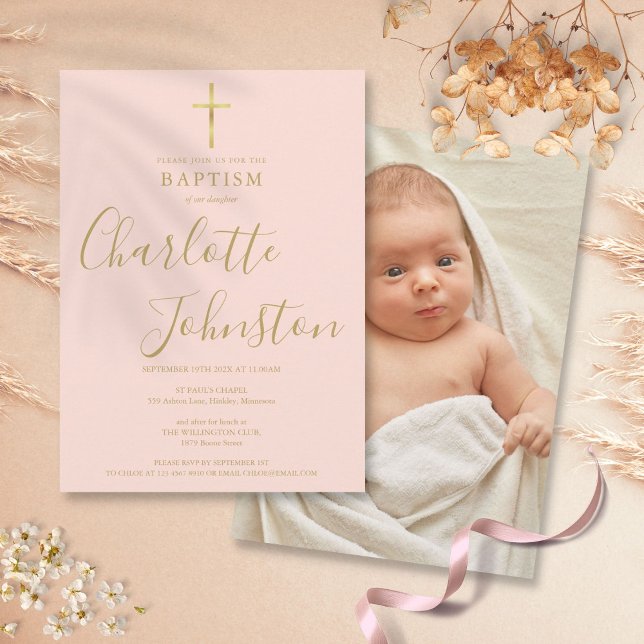 Convites Batismo Moderno Batizado Rosa Bege Dourado Foto (Modern Baptism Christening Gold Blush Pink Photo Invitation)