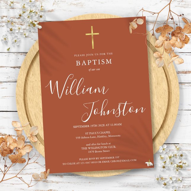 Convites Batismo Moderno Christening Dourado Cross Terracot (Modern Baptism Christening Gold Cross Terracotta Invitation)