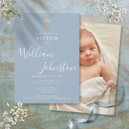 Convites Batismo Moderno Christening Dusty Blue Foto