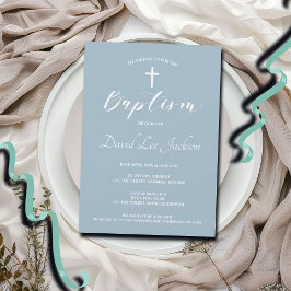Convites Batismo Moderno Christening White Cross Dusty Blue