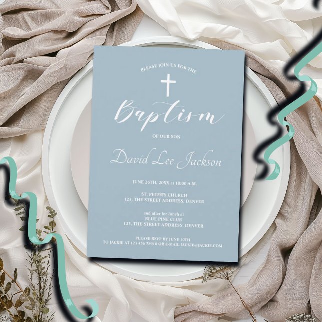 Convites Batismo Moderno Christening White Cross Dusty Blue (Criador carregado)