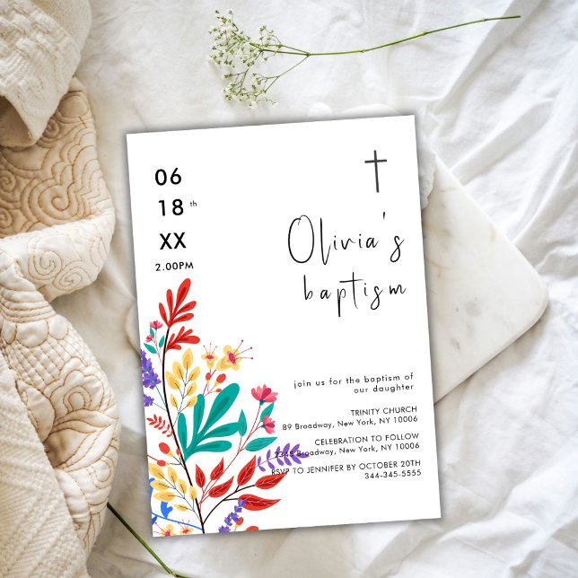 Convites Batismo Moderno Colorido da Flor (Modern Colorful Flower Cross Baptism Invitation)