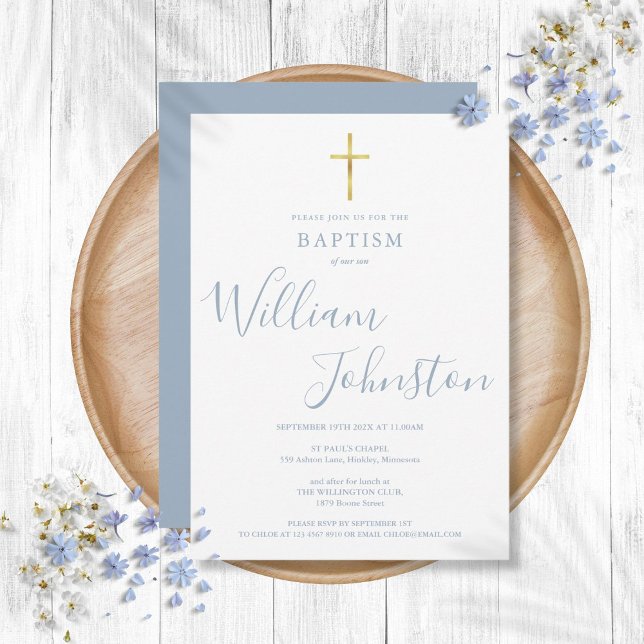 Convites Batismo Moderno Criando Dourado Cruz Azul (Modern Baptism Christening Gold Cross Dusty Blue Invitation)