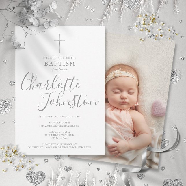 Convites Batismo Moderno Cristandade Assinatura Foto Prata (Modern Baptism Christening Silver Signature Photo Invitation)