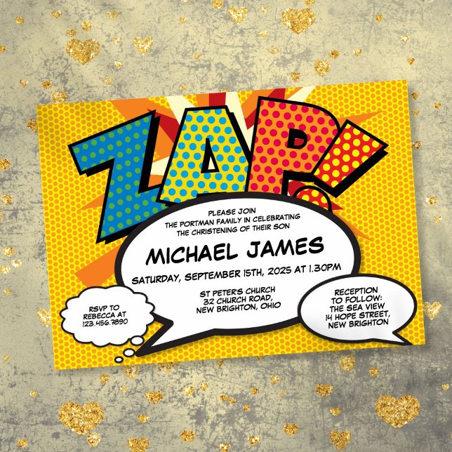 Convites Batismo Moderno Cristão Diversão Quadrinho ZAP (Modern Baptism Christening Fun Comic Book ZAP Invitation)