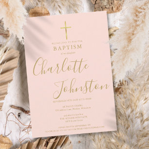 Convites Batismo Moderno Cristão Dourado Script Rosa Bege