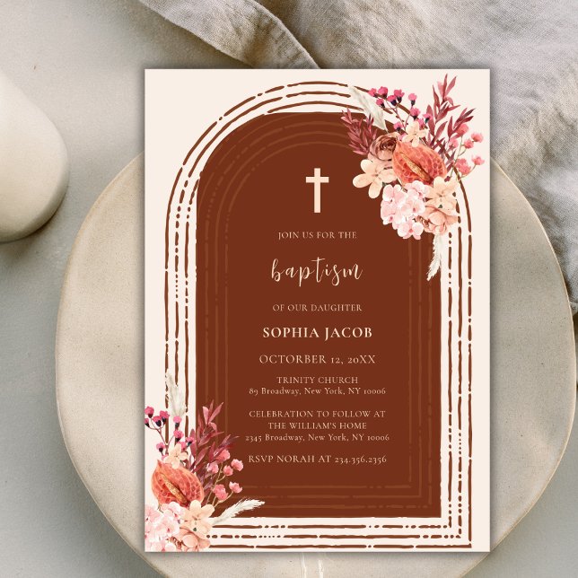 Convites Batismo Moderno da Arca Floral de Boho Terracotta (Modern Boho Terracotta Floral Arch Cross Baptism Invitation)