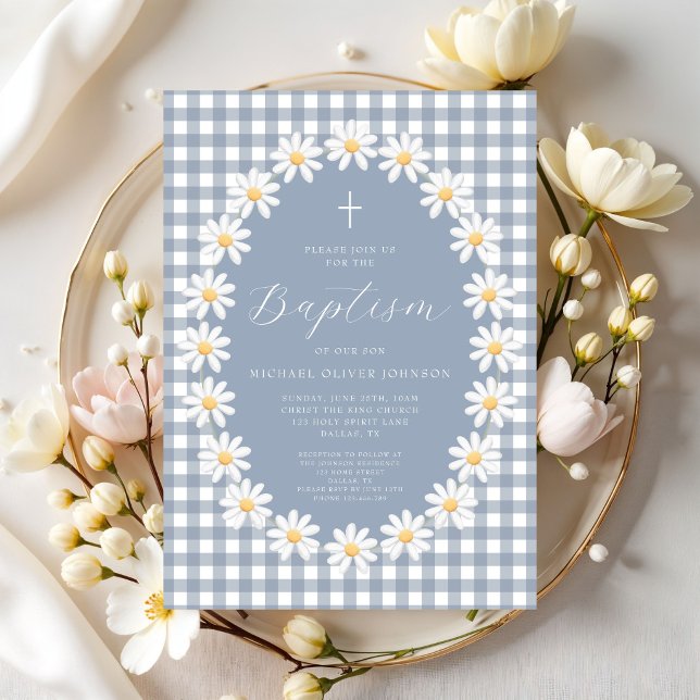 Convites Batismo Moderno de Bebê Menino em Azul Desbotado X (Modern Dusty Blue Gingham Floral Baby Boy Baptism Invitation)