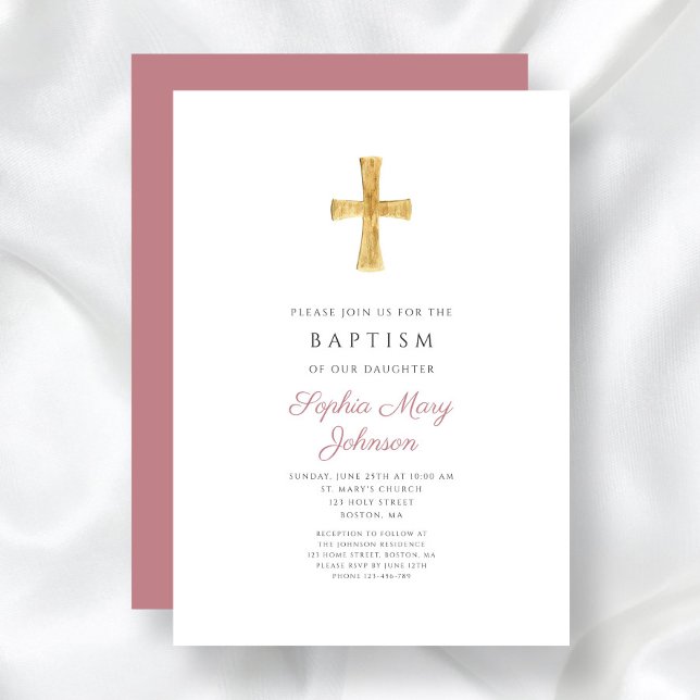 Convites Batismo Moderno de Menina Religiosa Cruz Rosa Empo (Modern Dusty Pink Cross Religious Girl Baptism Invitation)