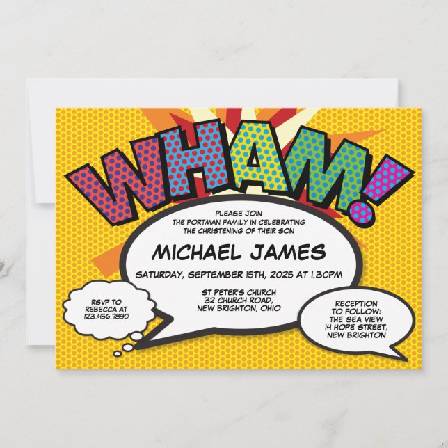 Convites Batismo Moderno Divertido Banda Desenhada  (Frente)
