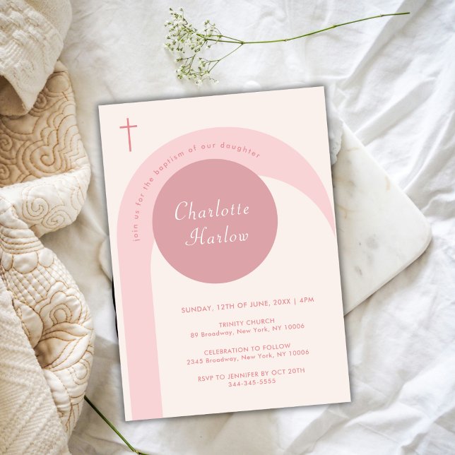 Convites Batismo Moderno e Rosa, Arco de Boho Cruzado (Pink Simple Modern Boho Arch Cross Girl Baptism Invitation)