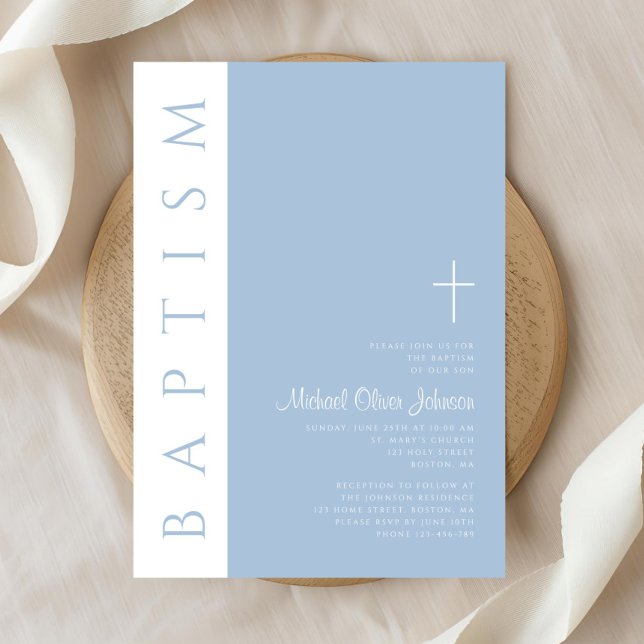 Convites Batismo Moderno Elegante Blue Cross Boy (Modern Elegant Blue Cross Boy Baptism Invitation)