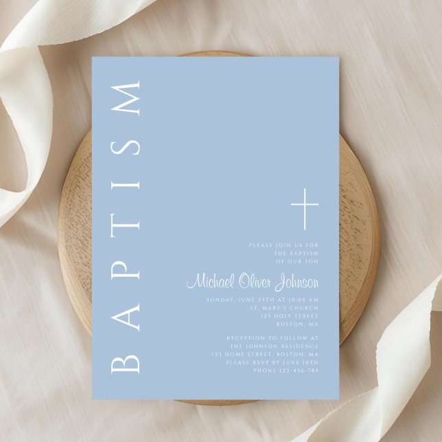 Convites Batismo Moderno Elegante Blue Cross Boy (Modern Elegant Blue Cross Boy Baptism Invitation)