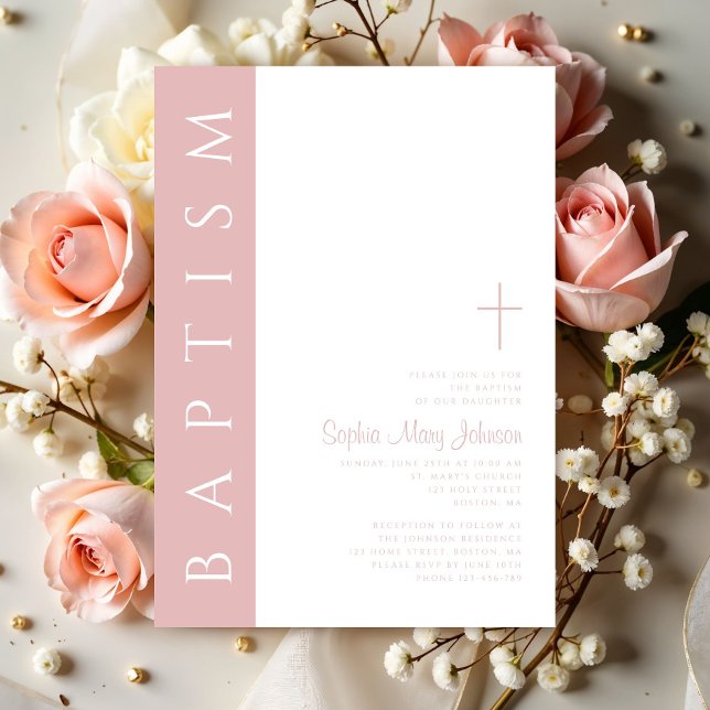 Convites Batismo Moderno Elegante Blush Cruzes Rosa (Modern Elegant Blush Pink Cross Girl Baptism Invitation)