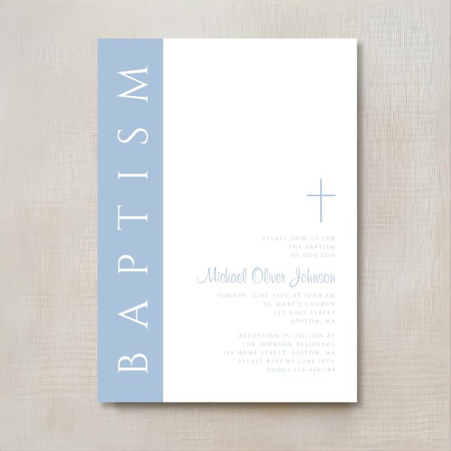 Convites Batismo Moderno Elegante Cruz Azul Script (Modern Elegant Blue Script Cross Baptism Invitation)