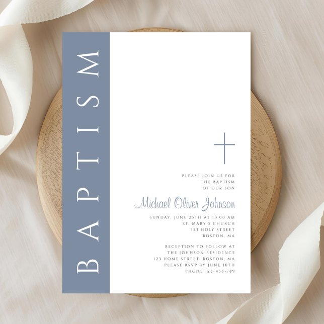 Convites Batismo moderno Elegante Dusty da Cruz Azul (Modern Elegant Dusty Blue Cross Baptism Invitation)
