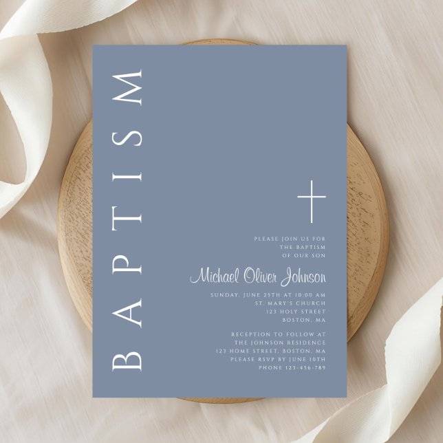 Convites Batismo moderno Elegante Dusty da Cruz Azul (Modern Elegant Dusty Blue Cross Baptism Invitation)