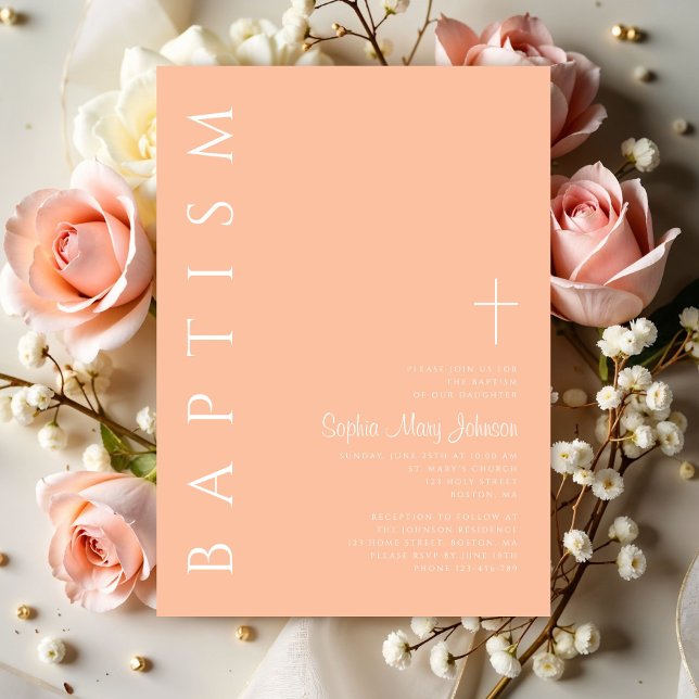 Convites Batismo Moderno Elegante, Rosa Religiosa, Rapariga (Elegant Modern Pink Religious Cross Girl Baptism Invitation)