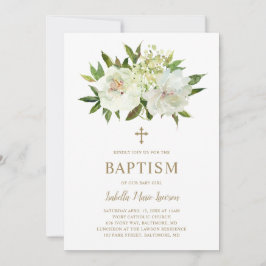 Convites Batismo Moderno Floral Branco Dourado Elegante