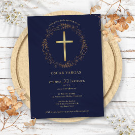 Convites Batismo Naval Azul Dourado Cruz Floral