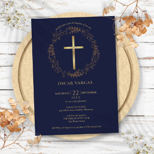 Convites Batismo Naval Azul Dourado Cruz Floral