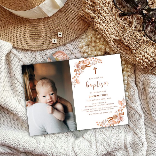 Convites Batismo Neutral Boho Wildflower (Neutral Boho Wildflower Photo Cross Baptism Invitation)