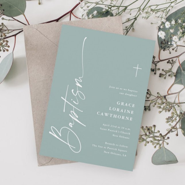 Convites Batismo Neutro em Gênero Verde Oliva com Roteiro M (Modern Elegant Script Sage Green Gender Neutral Baptism Invitations.)