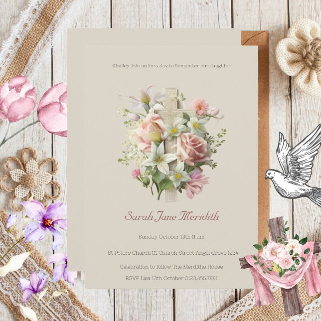 Convites Batismo Neutro Floral (Neutral Floral Cross Baptism Invitation )
