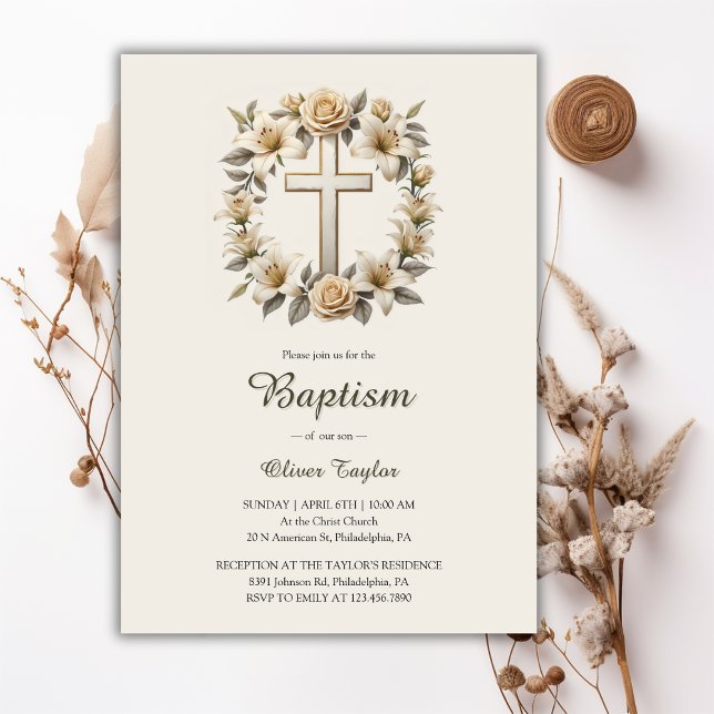 Convites Batismo Neutro Por Sexo Cruzado Elegante (Classic Gender Neutral Baptism Invitation with Modern Floral Cross Design)