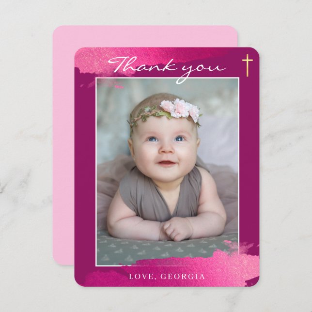 Convites BATISMO OBRIGADO cruz de folha dourada rosa escuro (Frente/Verso)