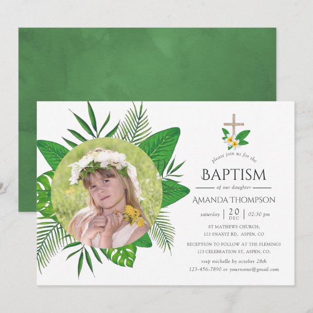 Convites Batismo ou Batizado de Folhas Tropicais (Frente/Verso)