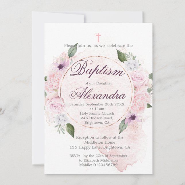 Convites Batismo ou Christening Floral Rosa Wreath (Frente)