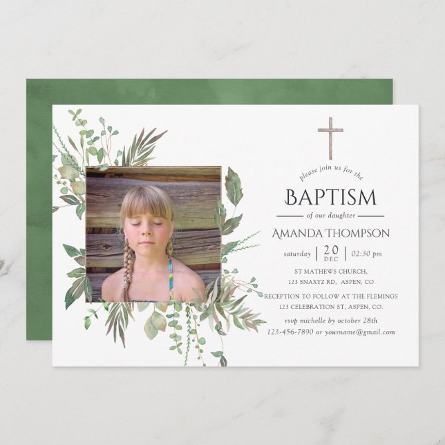 Convites Batismo ou Christening na Floresta de Aquarelas (Frente/Verso)