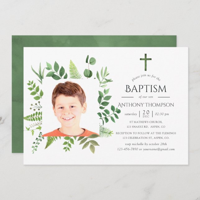 Convites Batismo ou Christening na Floresta de Aquarelas (Frente/Verso)