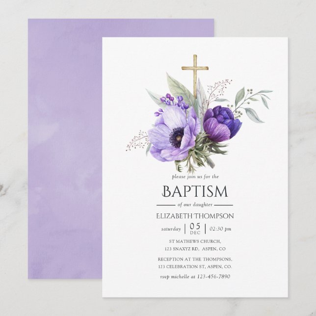 Convites Batismo ou Crisma com tema Floral Lilás (Frente/Verso)