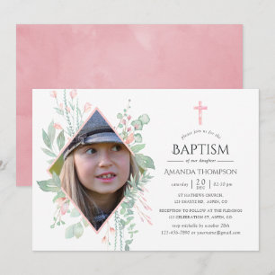 Convites Batismo ou Crisma com Vegetação e Rosa Pastel